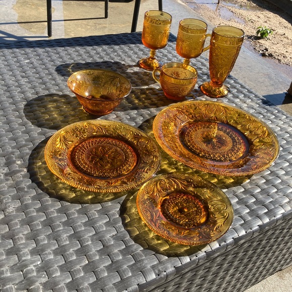 1970s Imperial Glass Tiara Daisy Sandwich Amber Glass Set - Picture 3 of 5